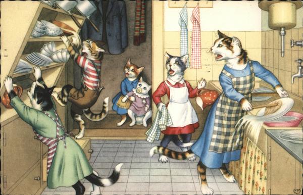 Cat family in a kitchen dressed in people clothes Cats