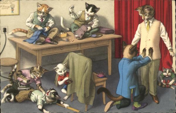 Cats working as tailors in a shop.