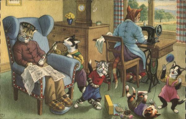 Cat family in living room dressed as humans. Cats
