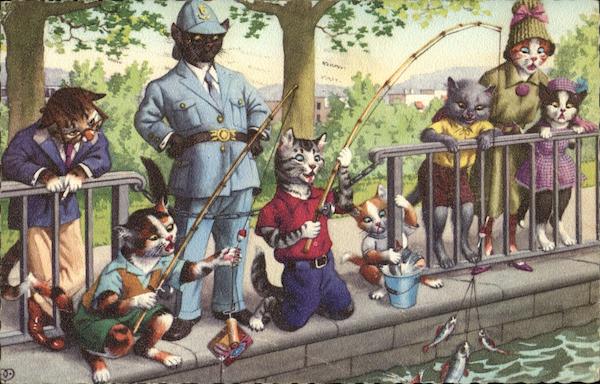 Illustration of Cats Dressed as Humans Fishing
