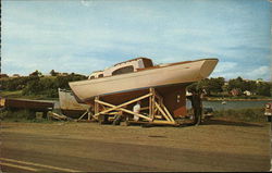 Putting The Finishing Coat Of Paint On Acadian Fiberglass Boat Postcard