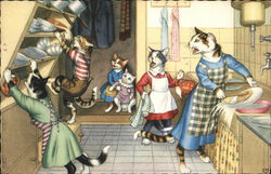 Cat family in a kitchen dressed in people clothes Cat family in a kitchen dressed in people clothes