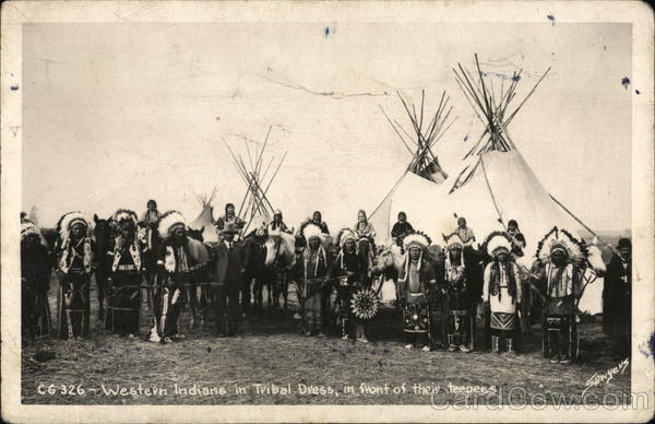 Western Indians in Tribal Dress in Front of Teepees