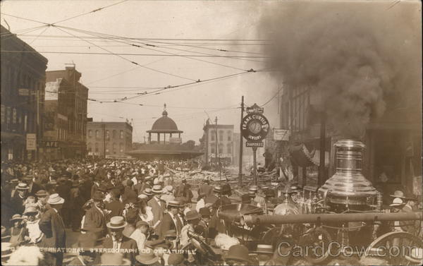 Crowd Watching Firefighters - Steam Fire Pumper, Frank Curtis Jewelers Decatur Illinois