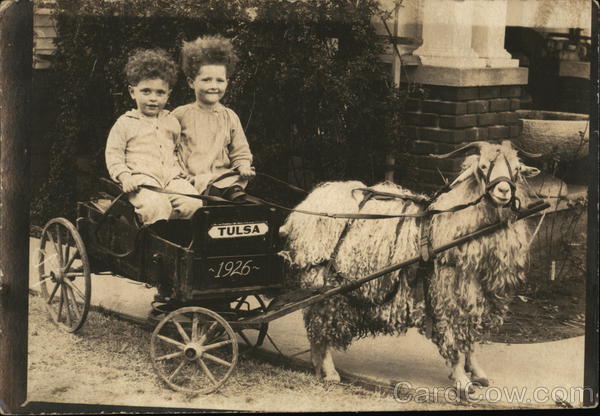 Two Children in Wagon Pulled by Goat, Tulsa 1926 Goats