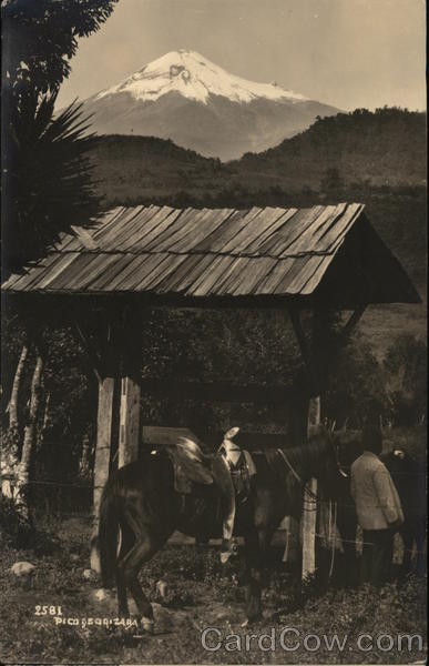 Man and horse stopped at a well - Mexico
