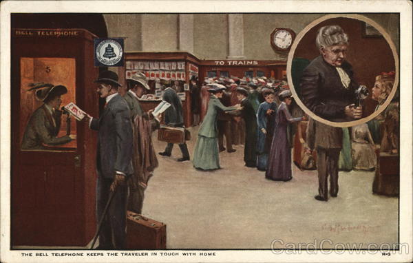 Bell Telephone keeps the traveler in touch with home.