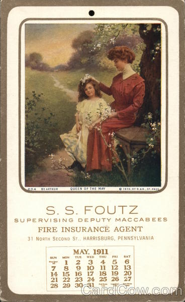 S.S. Foutz Fire Insurance - May Queen Calendar 1911 Harrisburg Pennsylvania