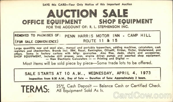 Auction Sale for the Account of R.L. Stephenson Inc. Camp Hill Pennsylvania