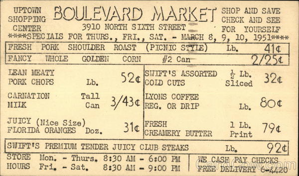 Boulevard Market 3910 North 6th. Street - Specials for Mar. 8 - 10 1951 Harrisburg Pennsylvania