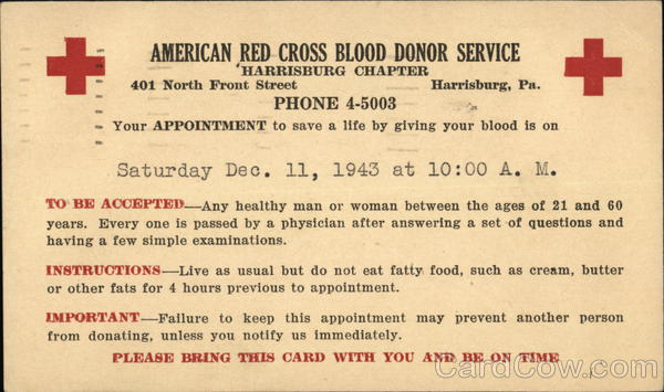 American Red Cross Blood Donor Service, Harrisburg Chapter Pennsylvania