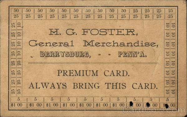 Premium Card, M.G. Foster, General Merchandise Berrysburg Pennsylvania