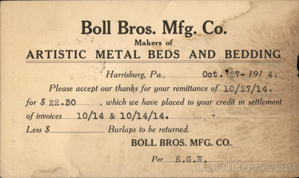 Boll Bros. Mfg. Co. Harrisburg Pennsylvania Advertising