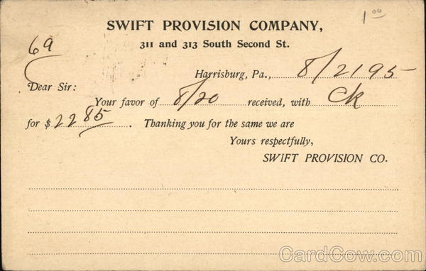 Swift Provision Company Harrisburg Pennsylvania Advertising
