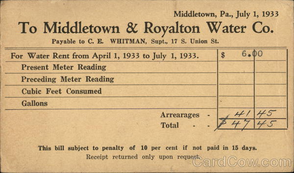 Middletown & Royalton Water Co. Pennsylvania Advertising