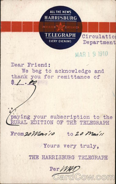 Harrisburg Telegraph Circulation Department Pennsylvania