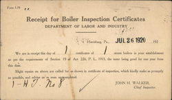 Receipt for Boiler Inspection Certificates - Department of Labor and Industry Postcard