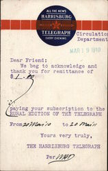 Harrisburg Telegraph Circulation Department Pennsylvania Advertising Postcard Postcard Postcard