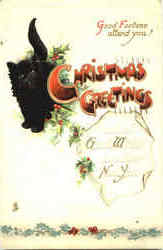 Christmas Greetings Black Cat Postcard