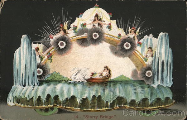 Priests of Pallas Float with Five Women on a Tall Archway and One in a Boat Beneath Kansas City Missouri