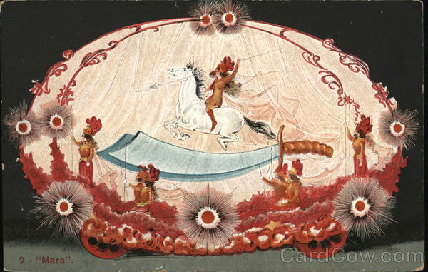 1909 Priests of Pallas Parade Float - Mars on a white horse over sabers Kansas City Missouri