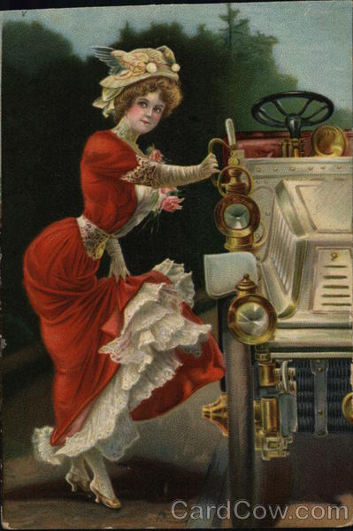 Woman in a red dress climbing into a roadster Women