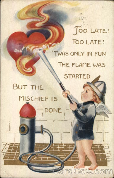 Boy extinguising a fire in a heart Comic