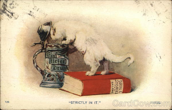 Strictly in it - Cat standing on a book (Droll Stories) poking its head into a beer stein