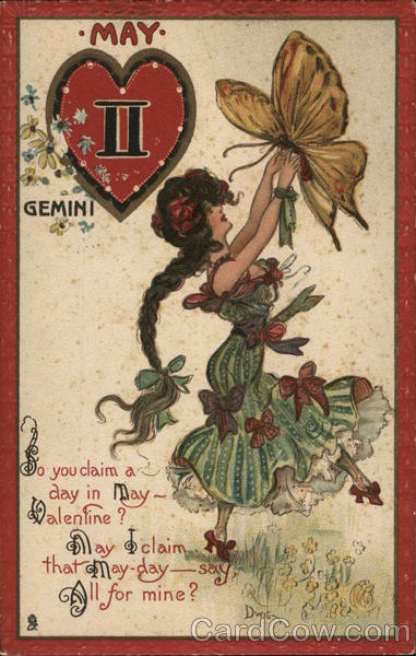 May - Girl Holding Butterfly beside Gemini Symbol in Heart