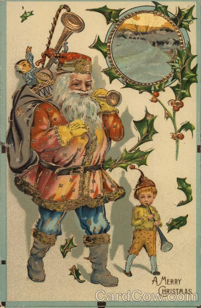 A Merry Christmas - Santa blowing a horn with an elf