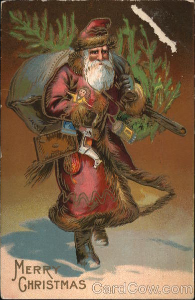 Merry Christmas - Santa carrying toys and a tree Santa Claus
