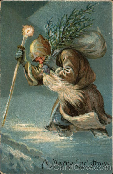 A Merry Christmas - Santa carrying a tree through the snow