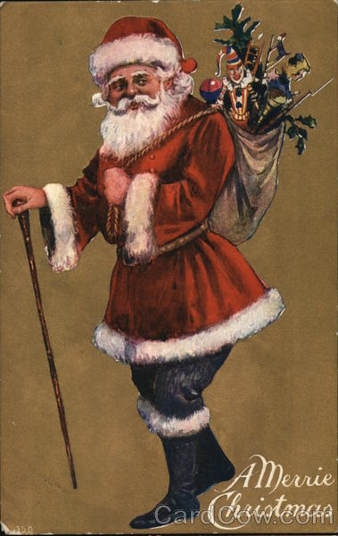 A Merrie Christmas - Santa with a cane and a sack of gifts