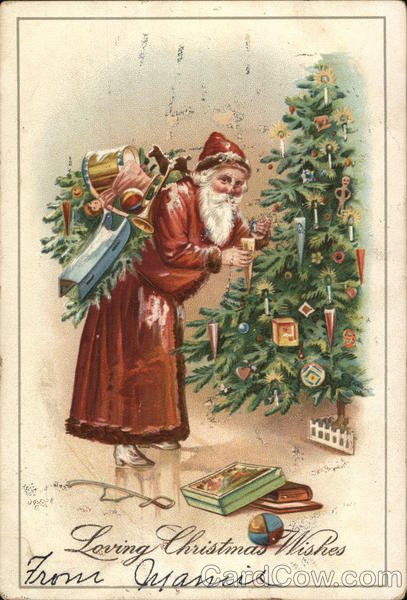 Santa With Sack of Toys Near Christmas Tree Santa Claus