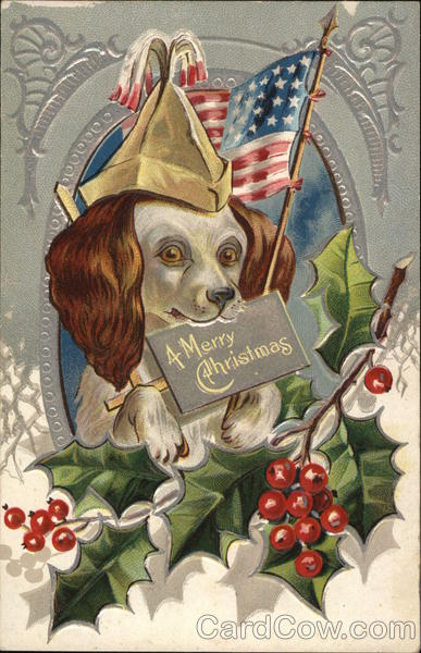 A Merry Christmas - Patriotic dog with holly