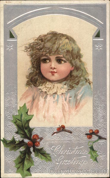 Christmas Greetings - little girl with holly borders