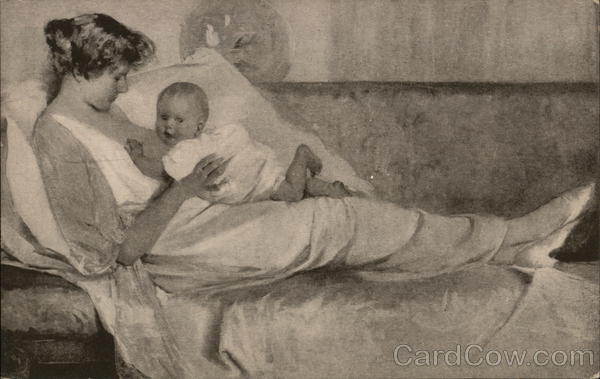 Mother laying on the couch with a baby - the Young Mother by Mary Curtis Richardson