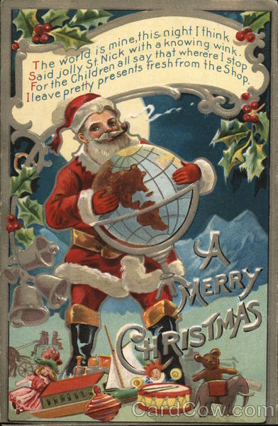 A Merry Christmas Santa holding a globe with toys at his feet