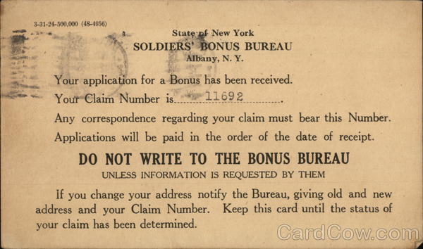 Text Only: State of New York Soldiers' Bonus Bureau, Albany, N.Y.