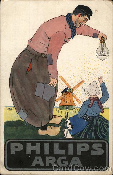 Philips Arga - man holding a sprinkling lightbulb over a Dutch girl