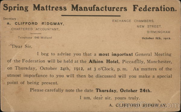 Clifford Ridgeway, Spring Mattress Manufactures Federation Birmingham England