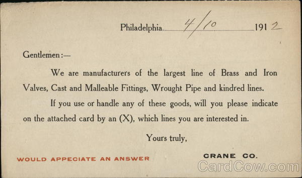 Crane Company -  Brass & Iron Valves, Pipes Advertising