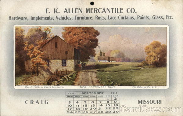 F. K. Allen Mercantile Co. Calendar - September 1911