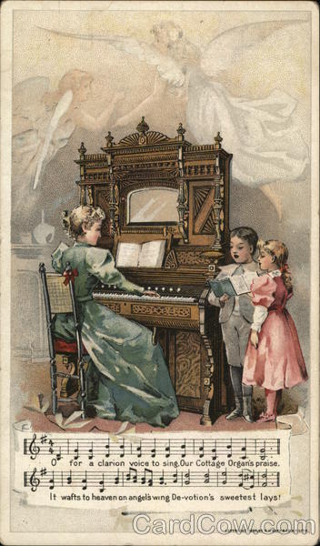 Woman playing the piano for singing children - Chicago Cottage Organs