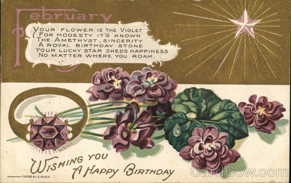 February - Wishing you a happy birthday - violets, amethyst and star