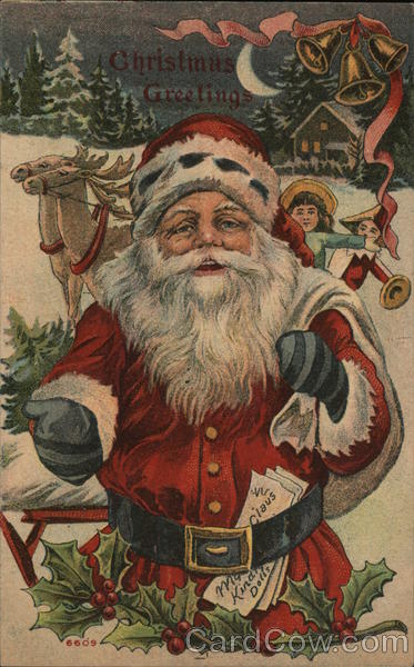 Christmas greetings - santa with toys and Christmas letter