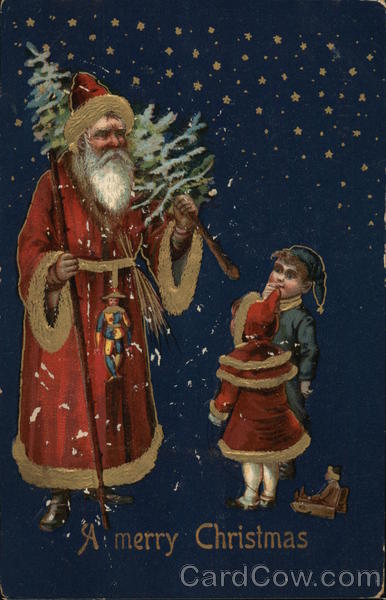 A Merry Christmas - children with Santa, who is carry a Christmas tree