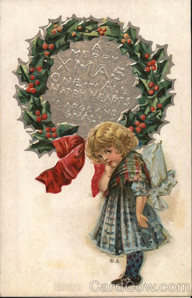 A Merry Xmas One and All Happy Hearts large and small - girl under wreath