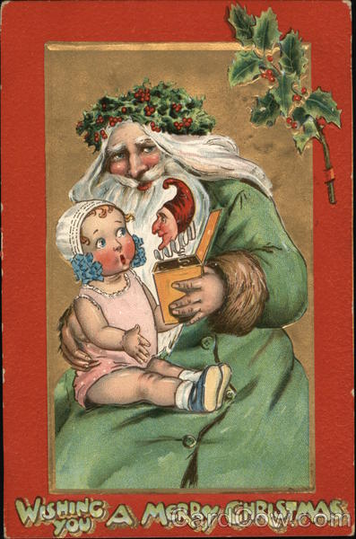 Wishing you a Merry Christmas - Santa giving a baby a jack in the box