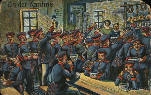 Soldiers Dressed in Blue Uniforms at a Tavern Military